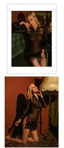 Detail of sheer black lace nightgown with long sleeves and elegant mandarin collar