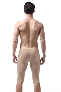 Detailed back view of men's ice silk mid-length boxers in skin-tone seamless fabric
