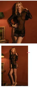 Detail of black mesh sleepwear with lace edges, mandarin collar and side slits