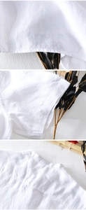 Close-up of white linen t-shirt collar and sleeve with natural fabric texture details