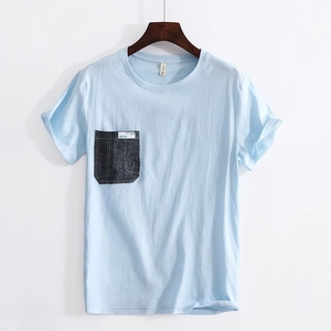 Men Summer Casual Linen Blend T-Shirt Round Neck Loose Short Sleeve Top With Contrast Denim Patch Pocket Lightweight Clothing