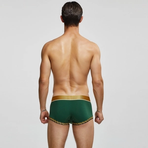 Rückansicht grüner Herren-Boxershorts mit goldenem Elastikbund und gestreiftem Saumdetail