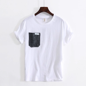 Men's white cotton crewneck t-shirt with grey denim pocket and stylish woven label