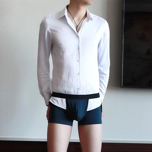 Men's slim fit white long sleeve shirt paired with navy blue stretch cotton boxer briefs