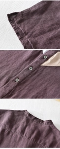 Macro shot showing button placket and split hem detail of a linen blend t-shirt