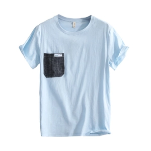 Light blue crew neck cotton T-shirt with navy denim pocket for men's summer style