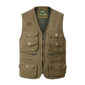 Men Outdoor Utility Vest Cotton Canvas Multi Pocket Functional Fishing Photography Waistcoat Casual V Neck Sleeveless Work Jacket