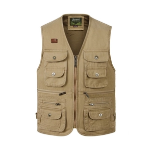 Men's khaki multi-pocket outdoor utility vest with zip-up canvas design for hiking