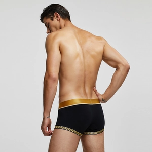 Rückansicht der schwarzen Herren-Boxershorts mit goldenem Bund und gestreiften Details