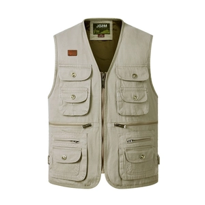 Men's khaki cotton outdoor utility vest with multiple pockets and V-neck design