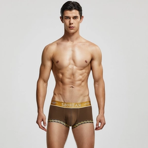 Detailansicht brauner Herren-Boxershorts mit goldenem Bund und gestreiftem Saum
