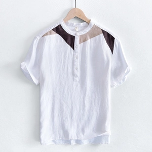 Men's linen short sleeve T-shirt with mandarin collar and V-shaped color block patchwork