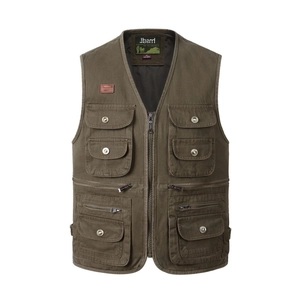 Deep olive green men's multi-pocket cotton canvas cargo vest with heavy-duty zipper