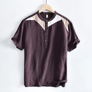 Men's loose linen T-shirt in plum purple with color-block shoulders and henley neck