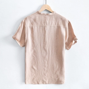 Men's color-block loose linen t-shirt with stand collar in warm beige casual style
