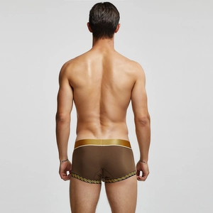 Rückansicht brauner Boxershorts mit goldenem Bund und gemustertem Saum für Herren