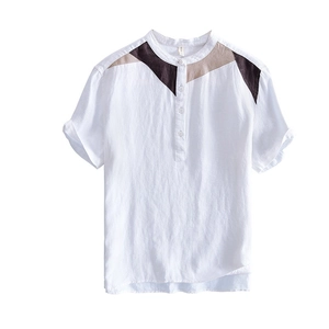 Men's loose linen t-shirt with geometric color block shoulders and a henley collar style
