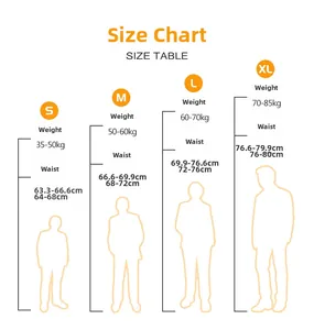 Detailed size chart for men's triangle swim trunks showing S to XL weight and waist data
