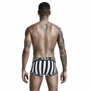 Rear view of striped men's low rise trunks showing vertical patterns and wide waistband