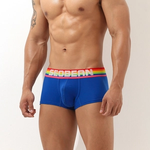 Close-up of men's navy blue boxer briefs with rainbow striped elastic waistband and logo