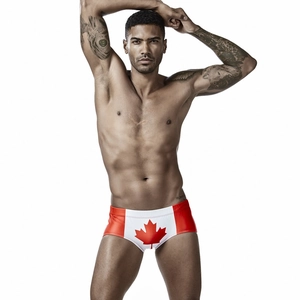 Men's low-rise swimming trunks with Canadian flag maple leaf print and side red blocks