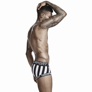 Detailed side view of men's low-rise vertical striped boxer shorts with elastic sport waistband