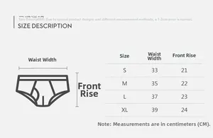 Detailed size chart for men's triangle swim briefs showing waist width and front rise