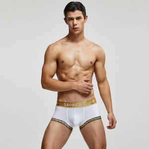 Detail von Herren-Boxershorts in Weiß mit goldenem Gummibund und Marken-Schriftzug