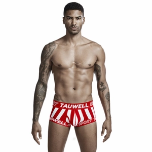 Detail of red and white striped low-rise men's boxer briefs with elastic sport waistband