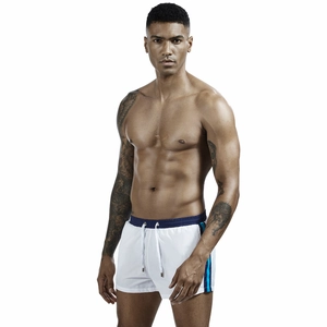 Detail of men's athletic shorts showing the elastic waistband and blue side stripes