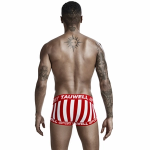 Rear view of striped men's low rise boxer briefs with red and white vertical patterns