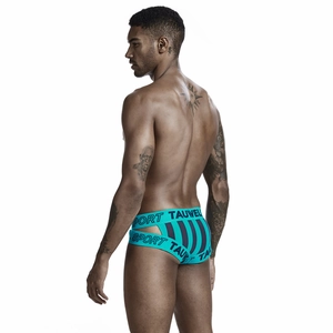 Rear view of men's low-rise athletic briefs with teal and black vertical stripes