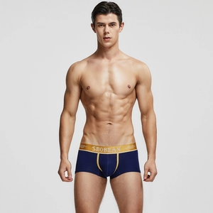 Détail de boxer pour homme avec ceinture dorée métallisée et tissu bleu de qualité