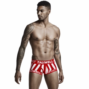 Detail of red and white diagonal striped men's boxer briefs with elastic sport waistband