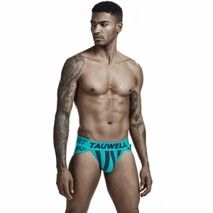 Detail of blue striped athletic jockstrap with TAUWELL SPORT branded elastic waistband