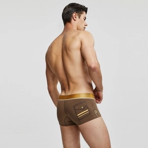 Vue arrière du boxer marron pour homme avec poche imprimée et ceinture dorée élastique