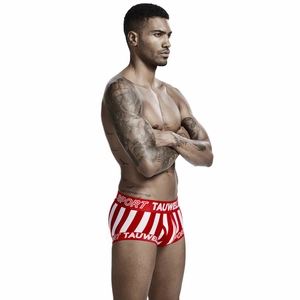 Detail of men's low rise boxer briefs with red and white diagonal stripes and sport waistband