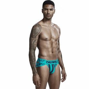 Detail of teal jockstrap showing ribbed pouch texture and wide elastic waistband