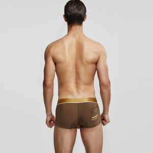 Vue arrière du boxer marron pour homme avec ceinture dorée et détails de fausse poche