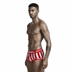 Detail view of men's low-rise athletic boxer briefs with red and white vertical stripes