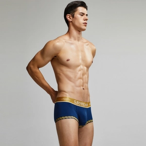 Detail der dunkelblauen Boxershorts mit goldenem Bund und SEOBEAN-Logo an einem Modell