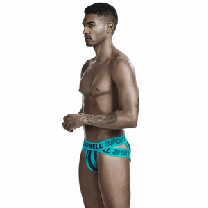 Close-up of men's athletic jockstrap in teal stripes featuring high-elastic waistband