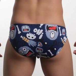 Men's sexy bikini swim briefs with fun dark blue graffiti monster and bone prints