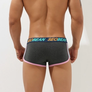 Detail view of men's dark gray boxer briefs with blue waistband and pink side piping
