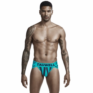 Detail of blue men's athletic jockstrap with black stripes and branded elastic waistband
