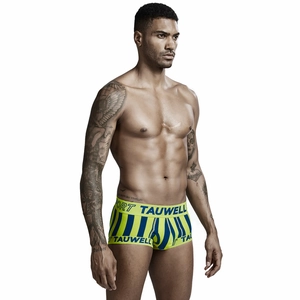 Detail showing blue and yellow vertical stripes on low-rise men's cotton sport boxers