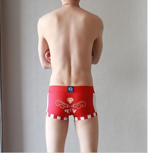 Men's sexy red trunks with white side stripes and VIP diamond print on the back view