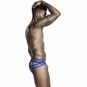 Side view of men's jockstrap with vertical stripes and blue logo elastic waistband