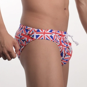 Men's swim briefs with UK flag print, featuring a white drawstring and side cut-outs