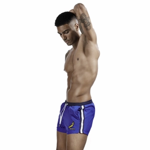 Detail of blue men's sports shorts with side stripes and embroidered banana patch